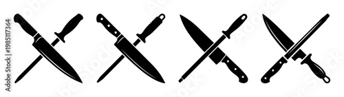 Crossed kitchen knives culinary tools sharp blades professional cooking equipment restaurant supply cut