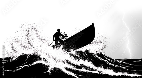 A dramatic vector graphic illustration of a man struggling to navigate a small boat through turbulent waves during a storm
