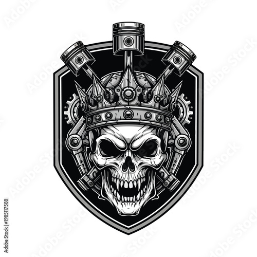 A menacing demon skull wearing a king's crown and surrounded by pistons and gears creates a powerful emblem for motor enthusiasts against a dark background