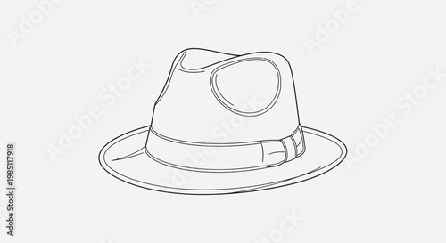 Classic Fedora Hat Outline Drawing Isolated on White Background