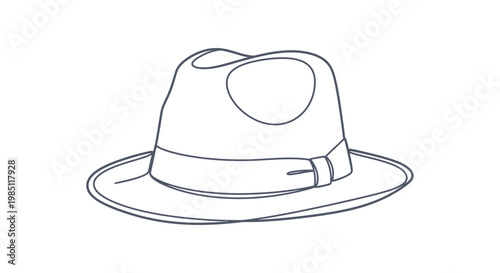 Classic fedora hat, minimalist line art drawing, vintage style, isolated on white