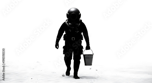 A silhouette of a scuba diver walking on the beach with a bucket