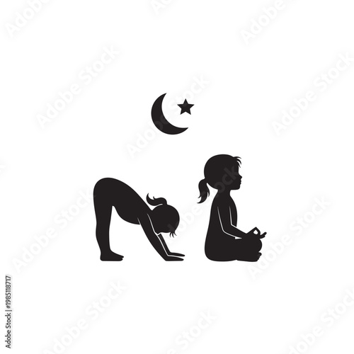 Kids Yoga Silhouette Girls Practicing Under Moonlight for Wellness, Mindfulness and Flexibility Concept