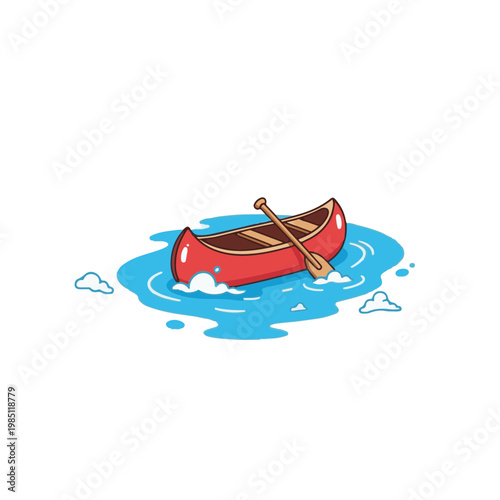 A charming cartoon illustration of a vibrant red canoe and a paddle, floating peacefully on serene blue water, representing summer adventures and outdoor recreation