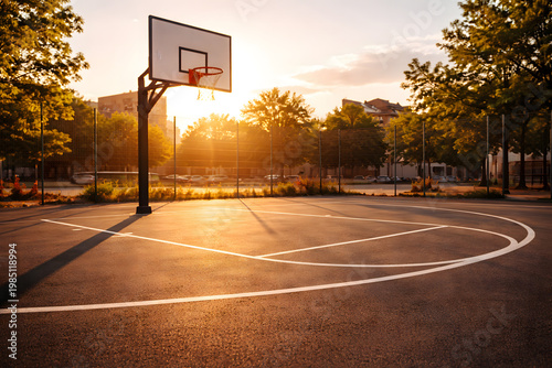 Outdoor basketball court with hoop at sunset in urban park