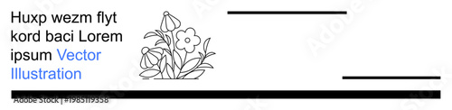 Graphic design, floral motifs, nature decoration, modern layouts, artistic elements, minimalism. Black and white floral artwork with text and line accents. Graphic design and floral motifs concept