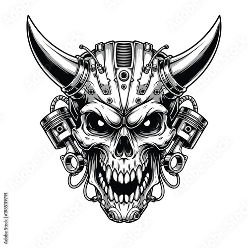 A detailed black and white illustration of a mechanical demon skull with large horns and motorcycle pistons, conveying a powerful and menacing vibe against a stark background