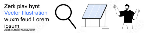 Search tools, renewable energy, technology, eco-solutions, sustainability, communication concepts. Illustration shows a magnifying glass, solar panel and gesturing person. Search tools and renewable
