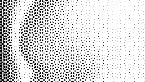 Geometric pattern of black diamonds on a white background. Seamless fade out hipster pattern. Hipster Fashion Design. Hexagon halftone Effect Business Background. T shirt Triangle disappearing pattern