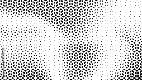 Geometric pattern of black diamonds on a white background. Seamless fade out hipster pattern. Hipster Fashion Design. Hexagon halftone Effect Business Background. T shirt Triangle disappearing pattern
