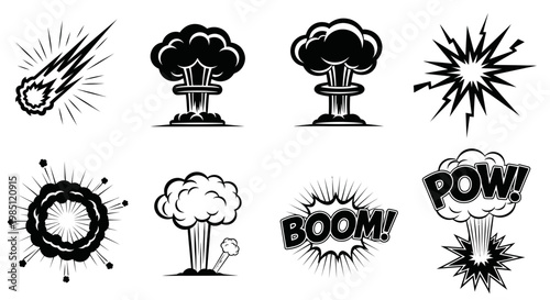Explosion Icons Set: Boom, Pow, Comet, Nuclear Blast, Comic Style