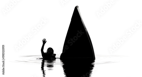 A person struggles to stay afloat in water as a shark fin approaches