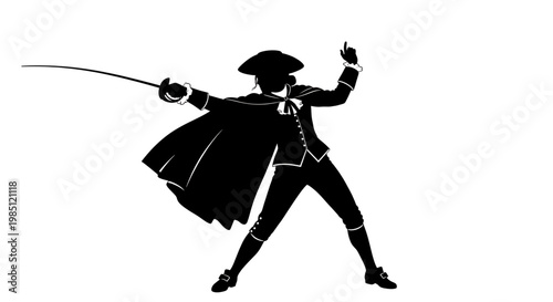 A black silhouette of a man in 18th century attire wielding a sword in a dynamic pose