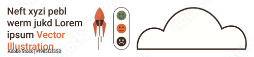 Innovation, mood tracking, motivation, guidance, progress, decision-making. Graphic shows a rocket, emoticon traffic light and cloud outline. Innovation and mood tracking concept
