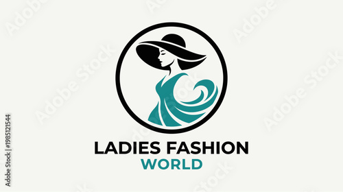 Elegant logo featuring a woman in a hat with a flowing dress design, encircled, representing ladies' fashion and style.