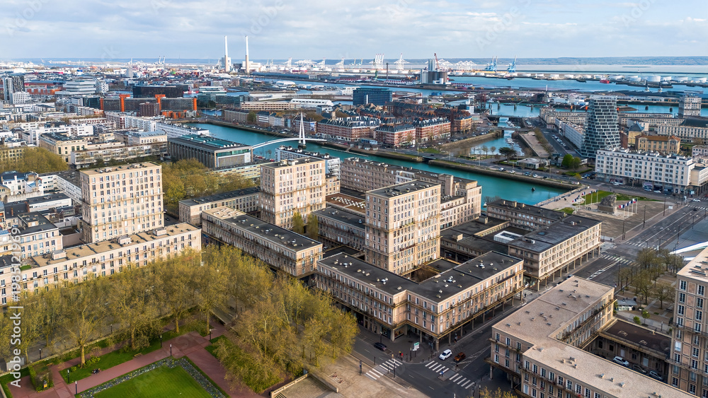 Obraz premium Aerial panoramic view of Le Havre city center and port infrastructure, featuring Perret's reconstruction and modern Alta Tower, Normandy, France
