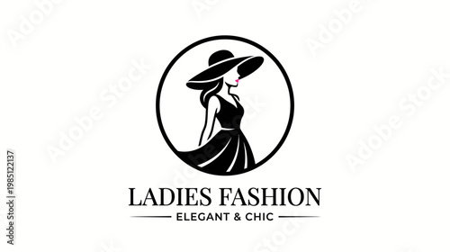 Elegant lady in a wide-brimmed hat and flowing dress, embodying classic fashion and sophistication, presented in a circular logo.