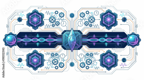 Intricate circuit board design with glowing blue and purple accents and patterns.