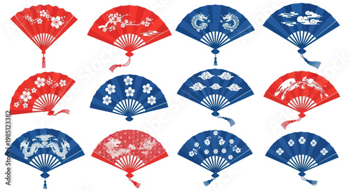 Red and Blue Japanese Fans with Dragon, Flower, and Cloud Designs