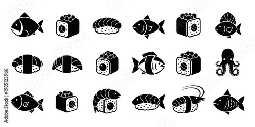 Minimalist black and white sushi and seafood icon set featuring various nigiri, maki rolls, fresh fish, shrimp, and octopus vector illustrations.