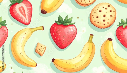 playful fruit and snack seamless pattern, stylized strawberries, bananas, cookies