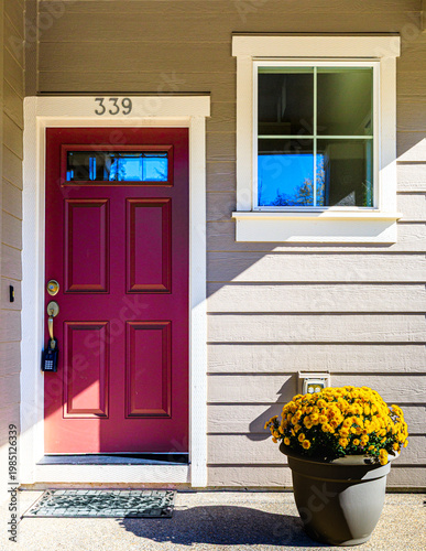 red door with yellow flowers