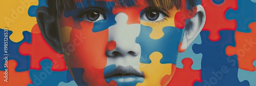 young male child with autism spectrum puzzle pieces - asd Autism spectrum disorder concept for boys, males, and children