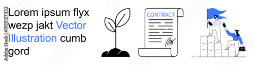 Business strategy, legal agreements, teamwork, entrepreneurship, growth mindset, sustainability. A plant sprout, a signed contract image and people collaborating on tasks. Business strategy