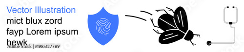 Cybersecurity, data protection, hacking, biometrics, technological threats, digital invasion. A shield with a fingerprint, a bug and a plug icon. Cybersecurity and data protection idea