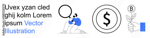 Financial growth, data analysis, cryptocurrency, investment, economic trends, digital currency. Person examining with magnifying glass, dollar coin and Bitcoin symbol. Financial growth and data