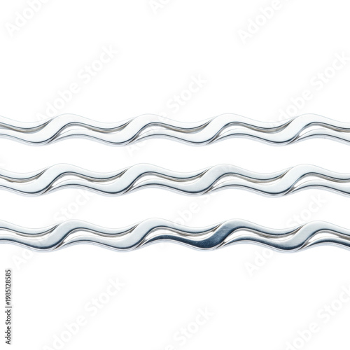 Three parallel sterling silver wave-link chains with cool metallic luster, geometrically arranged on a transparent background, exuding sophisticated minimalism and quiet luxury atmosphere
