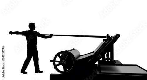 A silhouette of a man operating a vintage printing press machine in a minimalist design style