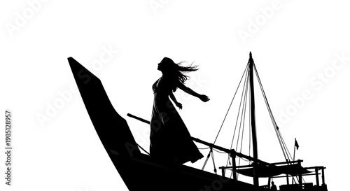 A silhouette of a woman standing on a boat against a white background