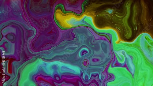 Vibrant psychedelic liquid motion with purple, green, and gold swirls. Artistic fluid art background ideal for creative transitions, music visuals, and modern abstract motion graphics projects.