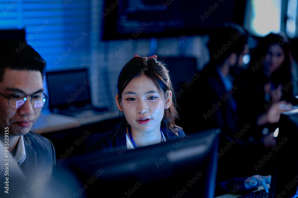 Obraz premium Monitoring AI training progress. Specialists oversee a machine learning model's training observing real time metrics on screen discussing adjustments via tablet interface late night.