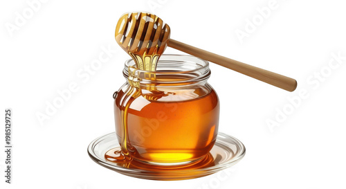 Golden honey dripping from a wooden dipper into a glass jar on a isolated on transparent background