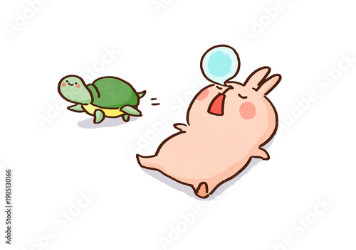 Quadro su tela Tortoise walking at its own pace passing by a sleeping hare, continuous effort a
