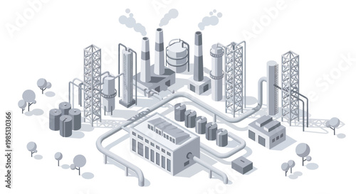 Isometric Industrial Plant with Smoking Chimneys and Storage Tanks.