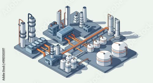 Isometric Industrial Plant with Storage Tanks and Processing Units.