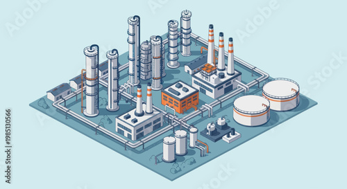 Isometric Industrial Plant with Towers and Storage Tanks.
