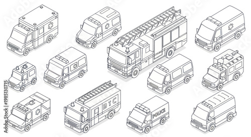 Isometric Line Art Set of Emergency and Service Vehicles.