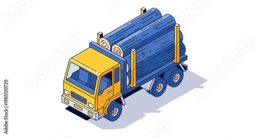 Isometric Logging Truck Transporting Blue Logs on White Background.
