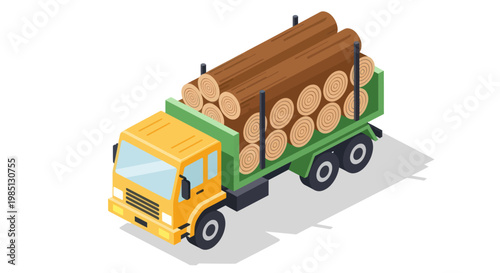 Isometric Logging Truck Transporting Cut Timber Logs.