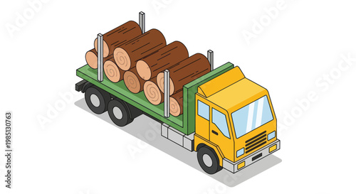 Isometric Logging Truck Transporting Cut Logs for Timber Industry.