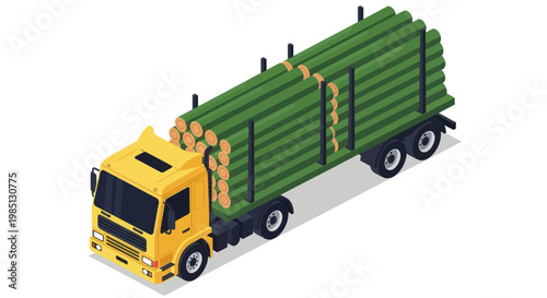 Isometric Logging Truck Transporting Freshly Cut Timber Logs.