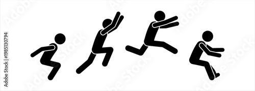 Dynamic sequence of a stick figure performing a broad jump action, illustrating athletic movement