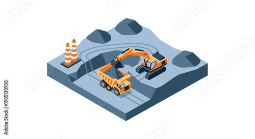 Isometric Mining Site with Excavator and Dump Truck.