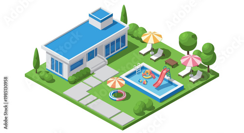 Isometric Modern House with Swimming Pool and Garden.