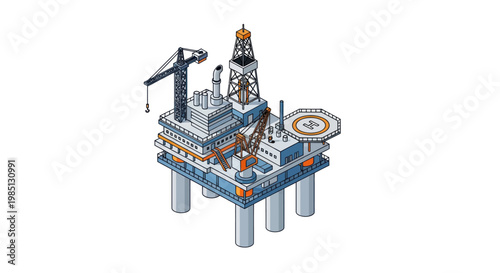 Isometric Offshore Oil Rig Platform for Energy Production.