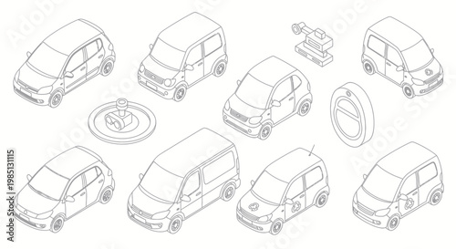 Isometric Outline Drawing of Various Modern Cars and Vehicles.